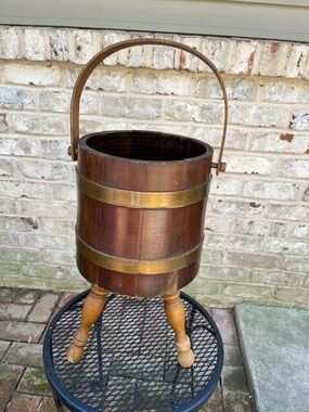 Vintage MCM Wood and brass Barrel Bucket Plant Stand W/ Tripod Wooden Legs 19”